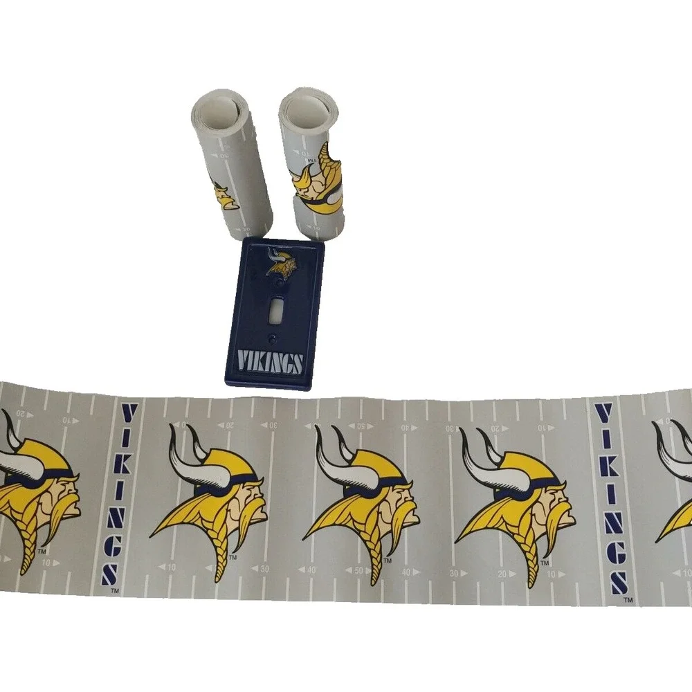 Minnesota Vikings NFL Wallpaper Border And Ceramic Light Switch Plate Cover Lot